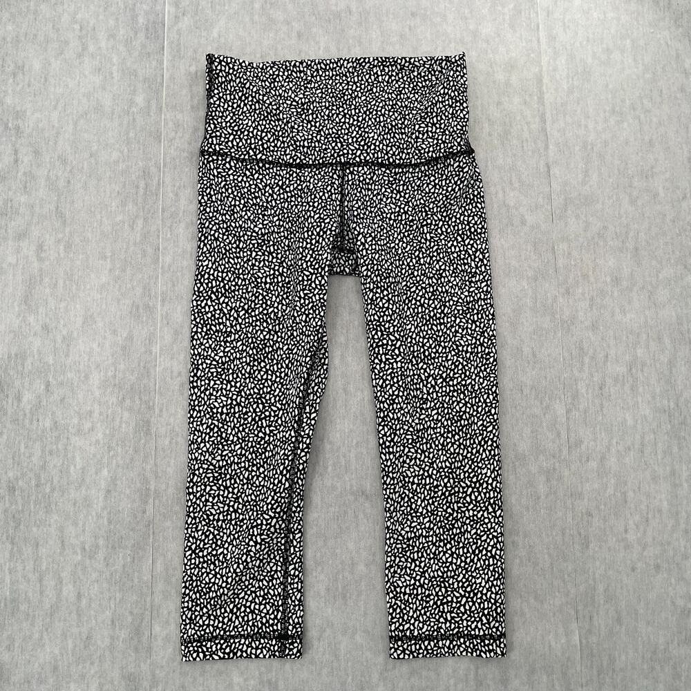 Lululemon Pants Womens 10 Black White Crop Leggings Yoga Gym Logo Ladies